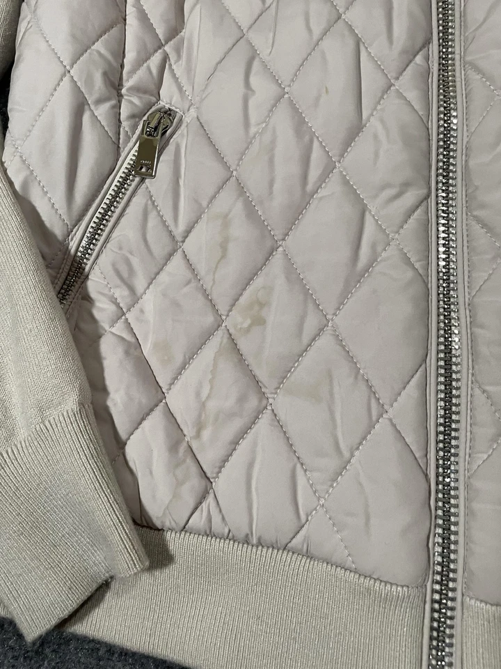 Chaqueta Reiss Mujer 8 Beige Marfil Acolchada Frontal Tejida Bombardero Cremallera Bolsillos Suéter Foto 3 de 4