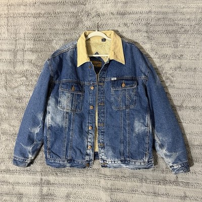 Wrangler Large Sherpa Lined Denim Trucker Bomber Jacket Corduroy Collar Men Vtg