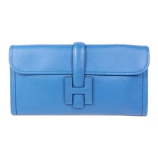 HERMES Jige Duo Clutch Pouch Bag Veau Epsom Leather Bleu Izmir