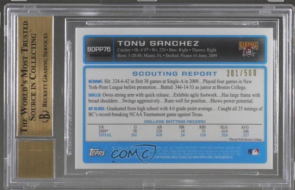 2009 Bowman Draft Prospects Chrome Refractor Tony Sanchez BGS 9.5 GEM MINT Auto - Image 2 of 2