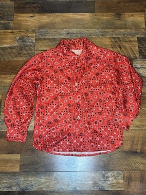 Vintage 1970s Division II Womens Small Red Bandana Print Polyester Disco Blouse
