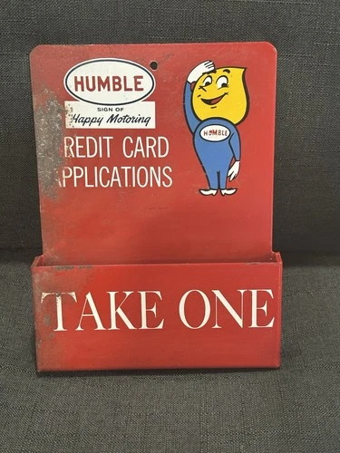 Vintage HUMBLE ESSO Credit Card Holder Sign Original Rare Happy Motoring Heavy!