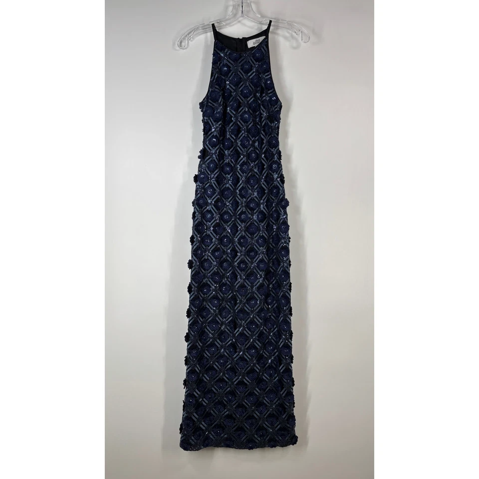 Belle Badgley Mischka Dress Women 4 Blue Floral 3D Geometric Long Formal Sequin - Image 2 of 4