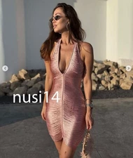 ZARA NEW WOMAN FRINGED HALTER MINI DRESS PALE PINK XS-XXL 4772/243/687