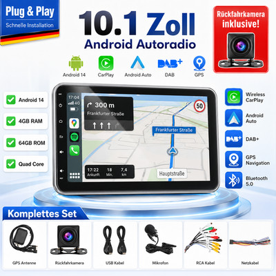 10.1 Zoll Android 14 Autoradio CarPlay Android Auto DAB GPS Kamera 4GB 64GB