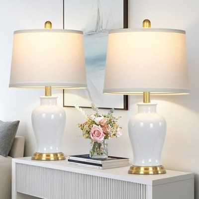 Modern Ceramic Table Lamps Set of 2, 23'' Ceramic Lamps for Living Room, White