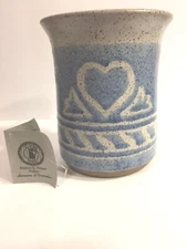 Rowe Pottery Louisville Kentucky Salt Glass Blue Heart Utensil Holder/Vase -MINT