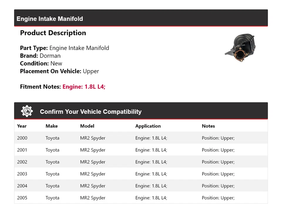 Colector de admisión superior de motor Dorman 1,8 L L4 1,8 L para Toyota MR2 Spyder 2000-2005 Foto 2 de 4