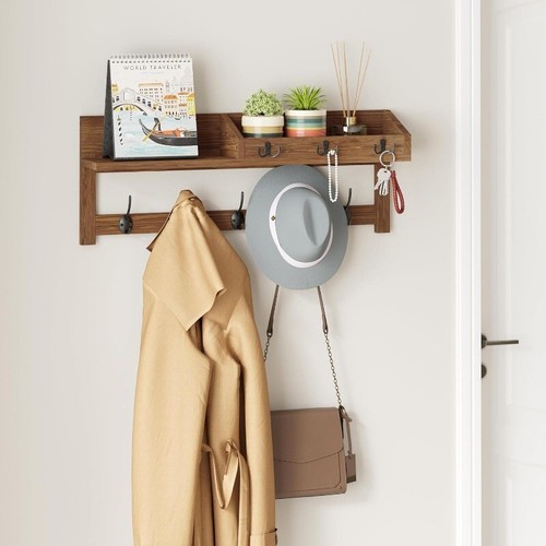 Wall Hooks with Shelf 26.57inch Entryway Wall Hanging Shelf Wood Coat Hooks - Picture 3 of 6