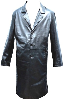 Mens Leather Coat Knee Length Long Fashion Three Button Winter Soft Leather Coat