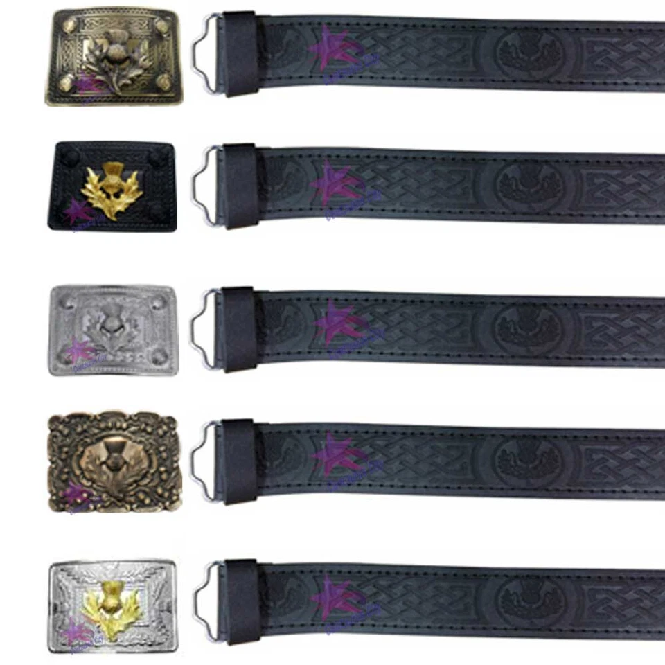 CC schwarze Echtleder Kilt Gürtel geprägte schottische Distel mit Gürtelschnalle