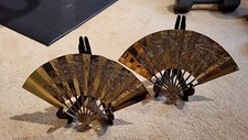 Pair of Vintage Solid Brass Oriental Style Hand Fan Phoenix Dragon Wall Decor