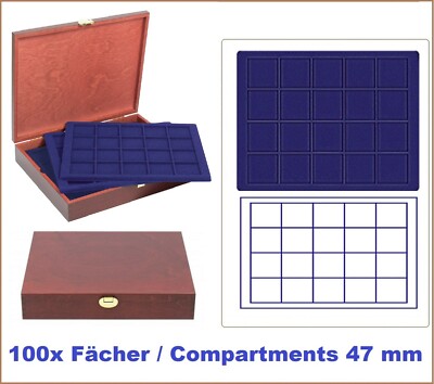 LINDNER-S2495-S2120ME-Holz-Münzkassetten-5-Tableaus-100-eckige-Fächer-47-mm