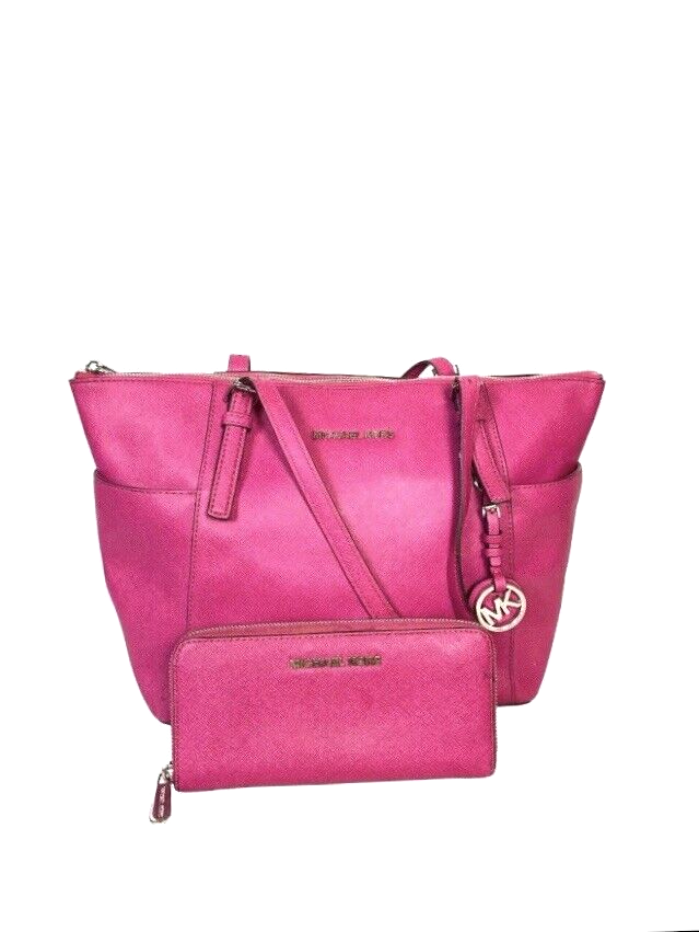 Michael Kors Charlotte Tote Shoulder Bag Bright Pink Leather with Wallet