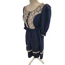 Vintage 70s Long Sleeve Prairie Blue White Lace Dress S Cottage Core Denim