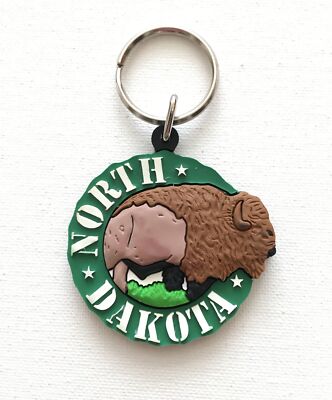 Vintage Keychain NORTH DAKOTA Key Ring Rubber Fob State Souvenir BISON BUFFALO