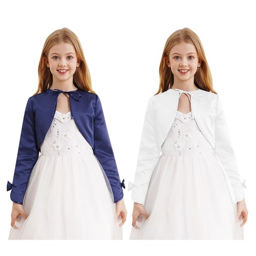 Girls Bolero Shrug Cocktail Cardigan Prom Top Kids Coat Bow Curved Shawl Stain - Afbeelding 1 van 29