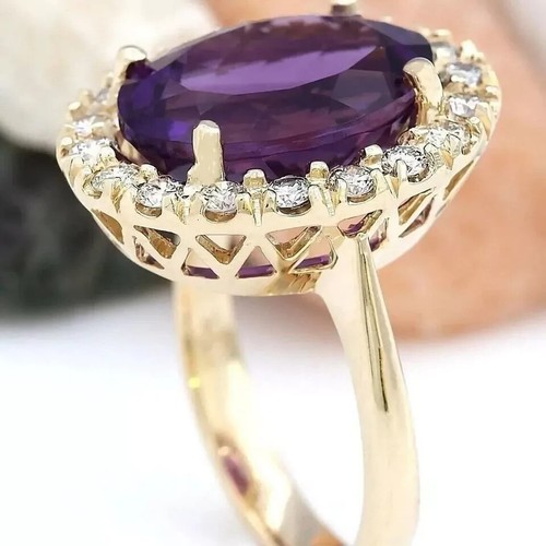 3.54 Ct Oval Natural Amethyst & Diamond Engagement Ring 14K Yellow Gold Size 6 7 - Picture 3 of 8