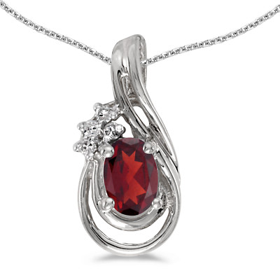 14k Weißgold ovaler Granat und Diamant Träne Anhänger mit 18'' Kette