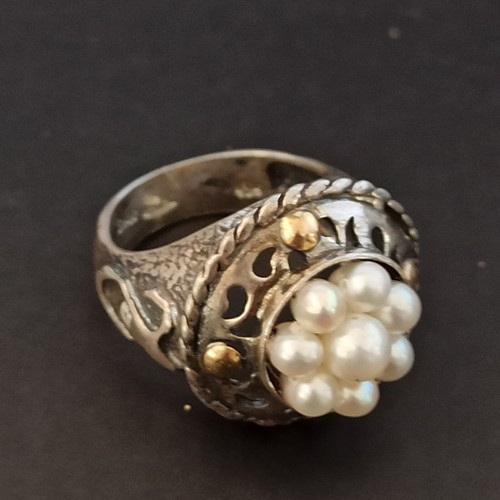 Vintage Israeli Silver Ring 925 Gold Accents Natural Pearl Cluster Artisan Bold - Picture 8 of 19