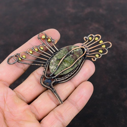 Gift For Her Dragon Bloodstone Wire Wrapped Bird Pendant Copper Jewelry 4.06" - Picture 4 of 6
