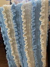 Vtg Handmade Blue White Crochet Ruffle Edge Throw Baby Blanket Stripe 54  X 38  