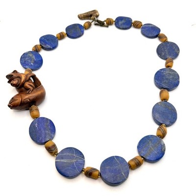 Vintage 90er Lapislazuli Holz handgeschnitzt Frosch Fisch Netsuke Halskette
