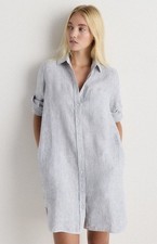 Quince 100% European Linen Shirt Dress Blue/White Stripe Pockets Chic Modern