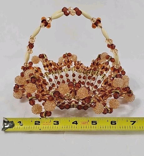 Vtg Handmade Beaded Safety Pin Basket & Doily Trivet Mat Brown Ivory Unique - Picture 10 of 16