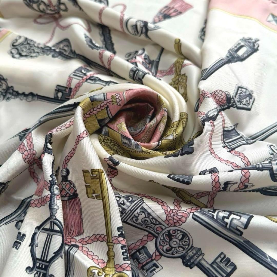 Hermes Les Cles Key Pink Silk Scarf 90 Carre Preowned
