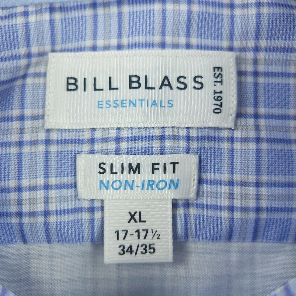 Camisa Bill Blass Para Hombres XL Azul Blanco A Cuadros Calce Ajustado Sin Hierro Vestido Manga Larga Foto 4 de 4