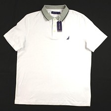 Nautica Polo Shirt Mens L White Gray Collar Regular Fit Short Sleeve 70 NEW