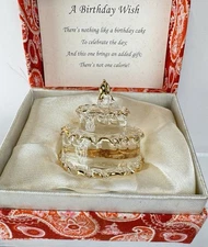 About Face Designs Messengers Glass Birthday Cake Figurine W/ Box Gold Accents