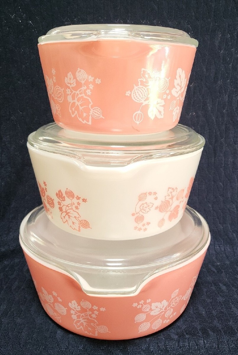 3 Vtg Pyrex Pink White Gooseberry Cinderella Bowls With Lids #473