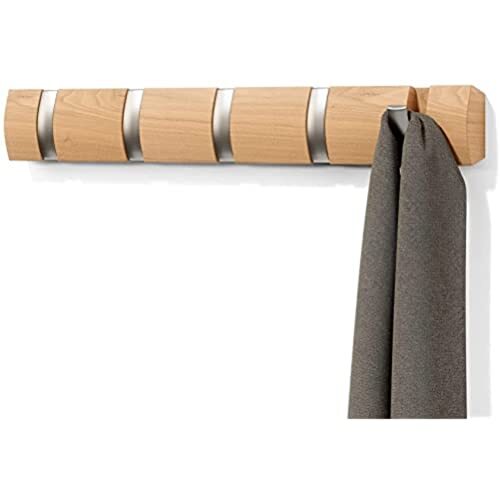 Umbra Flip Attaccapanni da parete con 5 ganci ribaltabili, Frassino, Naturale