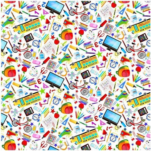 Back To School, Teacher, School Bus Fabric!Cotton•1 yd•BTY•White/Multi•FastShip! - Picture 2 of 4