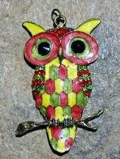 Colorful Whimsical Wide-Eyed Owl Pendant - Enamel, Rhinestones Gold Tone Metal