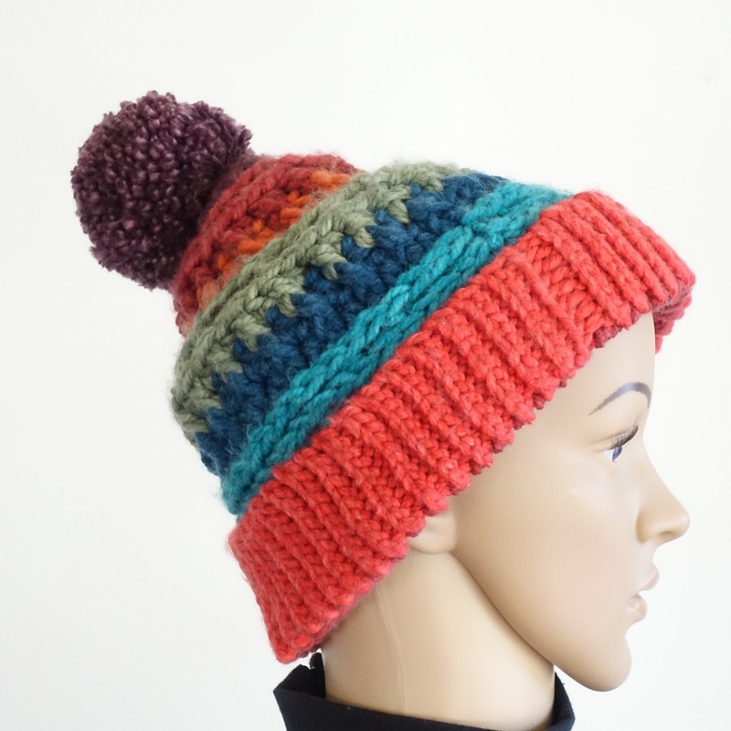 Original Handmade Crochet Slouchy Beanie Hat Adult Orange Turquoise w/ Pom Pom