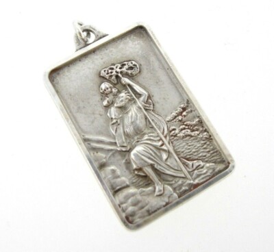 Charm Sterling silver SAINT CHRISTOPHER figure rectangular religious medal