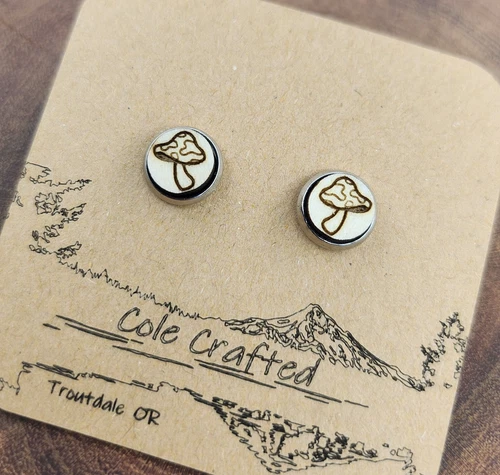 Mushroom Earrings Wood Handmade 8mm Bezel Set Retro Magic Boho Jewelry Gift