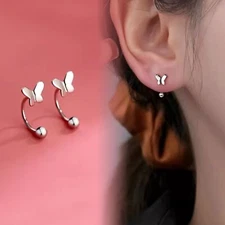 Women Girl 925 Sterling Silver BUTTERFLY Ball Screw Back Stud Earrings Gift PE40