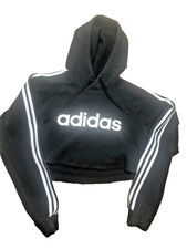 Adidas Hoodie Women's MEDIUM Black Crop Top Pullover Hooded Sweatshirt Athletic