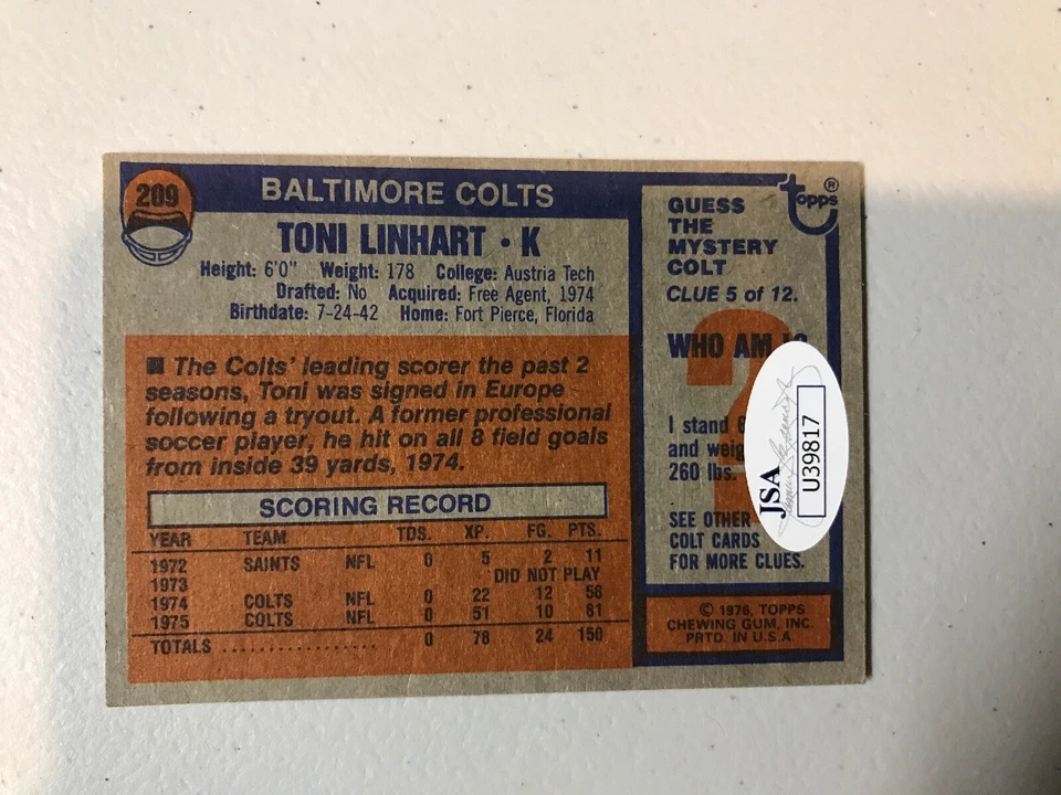 Toni Linhart Autograph Signed 1976 Topps Card 209 Auto JSA - Image 3 of 3