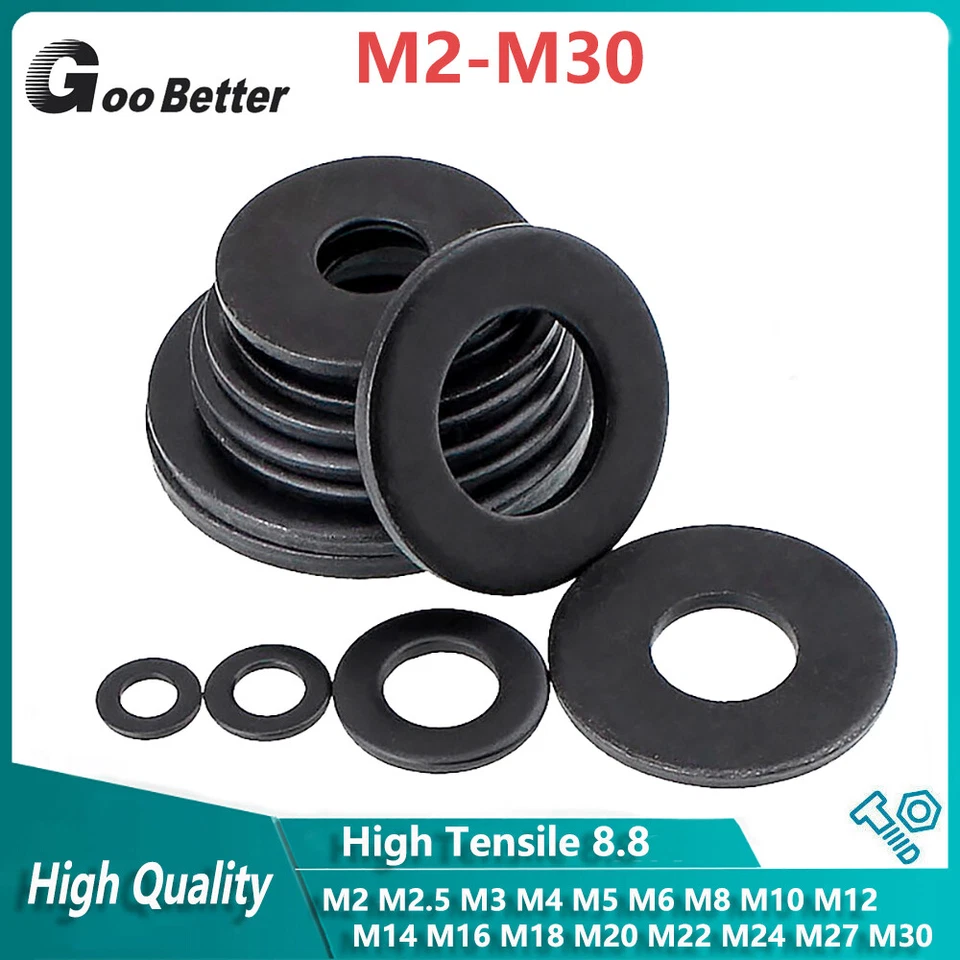 GOO BETTER Flat Washers Black High Tensile 8.8 M2.5 M4 M5 M6 M8 M10 M14 M16 M20 M24 M27 M30