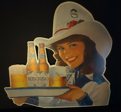 Vintage Busch Beer Cardboard Sign Woman 
