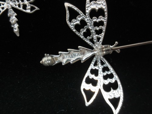 Dragonfly Sterling Silver Brooch Earring Set Etched Dangle Flying Insect Pin 925 - Picture 8 of 11