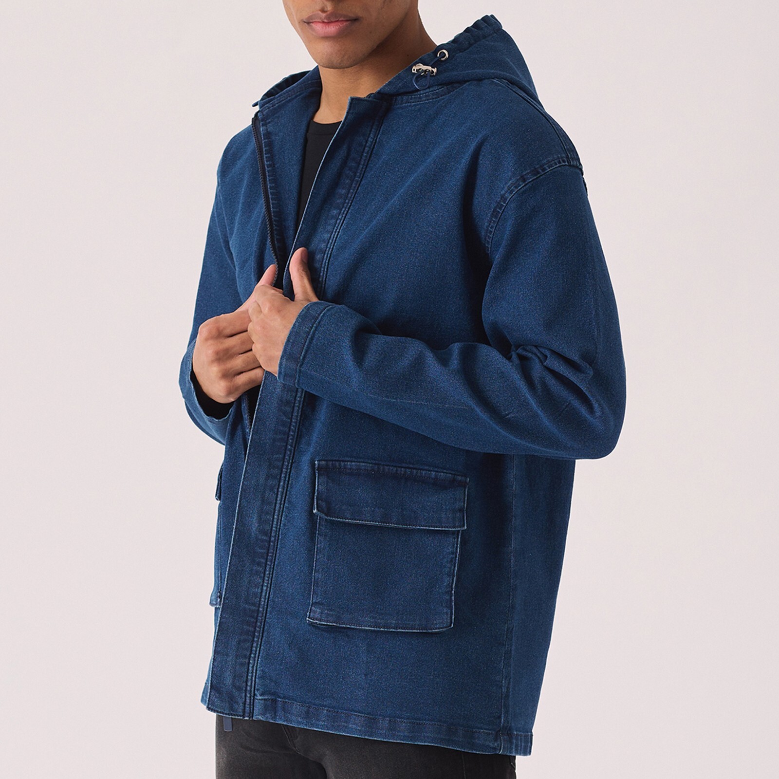 New Mens Hooded Denim Jacket Mid Blue Wash Regular Fit Military Cargo