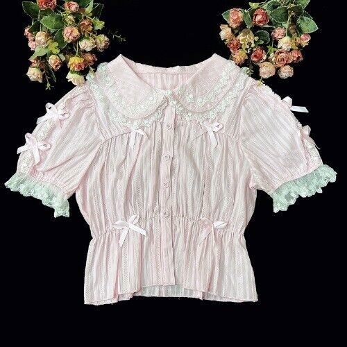 Camicia Lolita Blusa Girly Giappone Kawaii Fiocco Pizzo Collo Manica Corta Carina - Foto 18 di 21