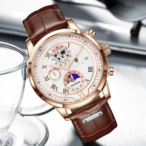 New Men Watches Luxury Quartz Watch Premium Leather Waterproof Sport Chronograph - Picture 5 of 15
