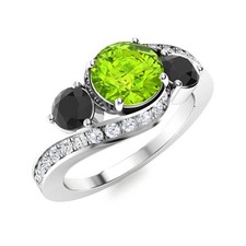 Three Stone Peridot  Black Spinel 5MM Round 925 Sterling Silver Wedding Ring